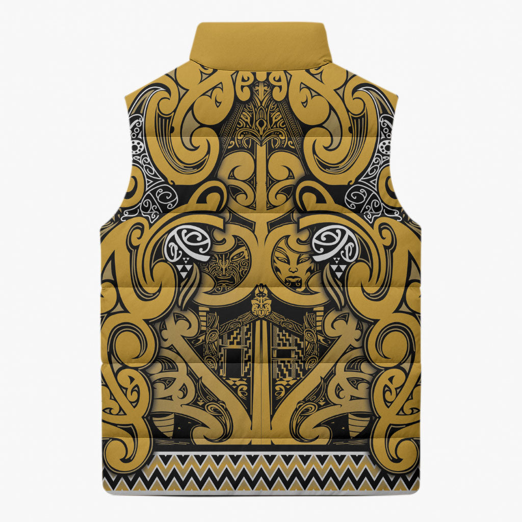 Aotearoa Iwi Ngāti Tama ki Te Waipounamu Trust Sleeveless Puffer Jacket Maori Wharenui House Tribal Pattern