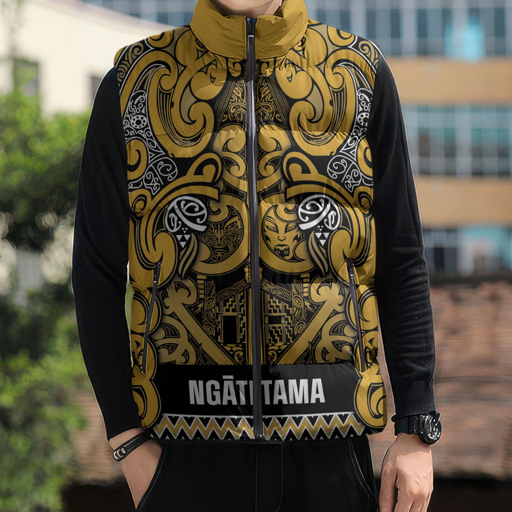 Aotearoa Iwi Ngāti Tama ki Te Waipounamu Trust Sleeveless Puffer Jacket Maori Wharenui House Tribal Pattern