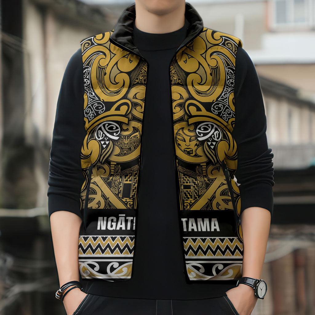 Aotearoa Iwi Ngāti Tama ki Te Waipounamu Trust Sleeveless Puffer Jacket Maori Wharenui House Tribal Pattern
