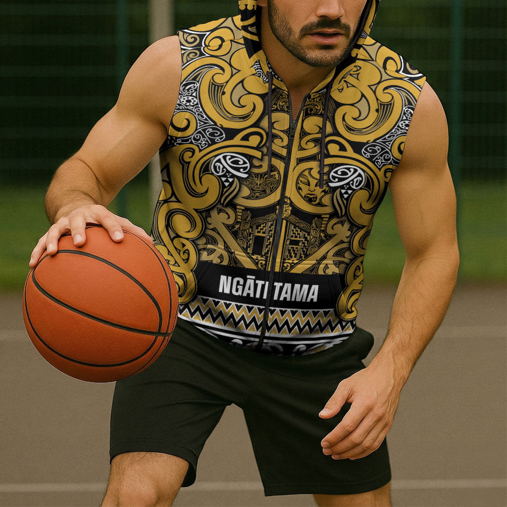 Aotearoa Iwi Ngāti Tama ki Te Waipounamu Trust Sleeveless Zip Hoodie Maori Wharenui House Tribal Pattern