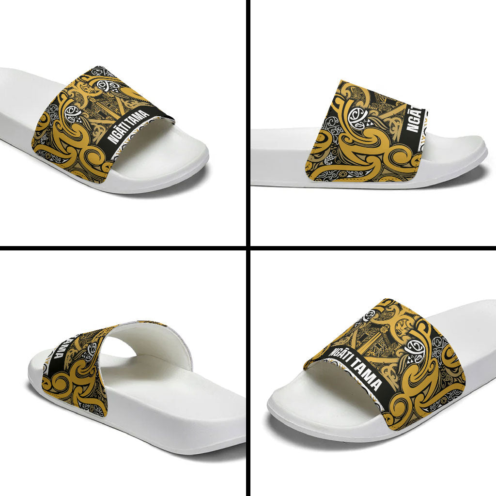 Aotearoa Iwi Ngāti Tama ki Te Waipounamu Trust Slide Sandals Maori Wharenui House Tribal Pattern