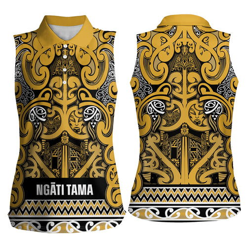 Aotearoa Iwi Ngāti Tama ki Te Waipounamu Trust Women Sleeveless Polo Shirt Maori Wharenui House Tribal Pattern