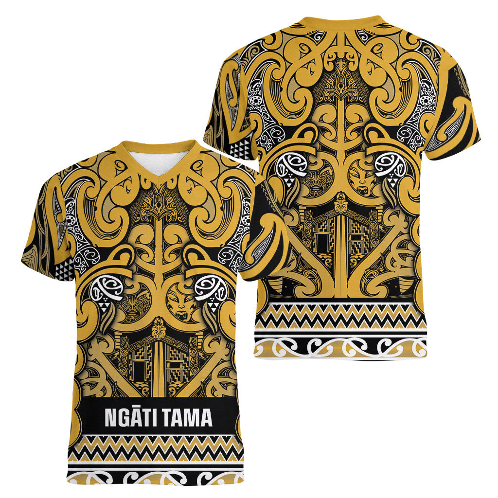 Aotearoa Iwi Ngāti Tama ki Te Waipounamu Trust Women V-Neck T-Shirt Maori Wharenui House Tribal Pattern