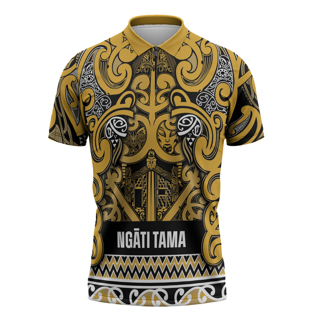 Aotearoa Iwi Ngāti Tama ki Te Waipounamu Trust Zipper Polo Shirt Maori Wharenui House Tribal Pattern