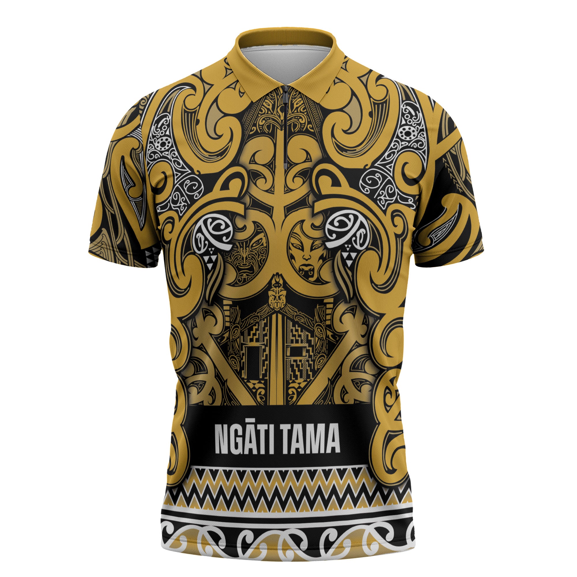 Aotearoa Iwi Ngāti Tama ki Te Waipounamu Trust Zipper Polo Shirt Maori Wharenui House Tribal Pattern