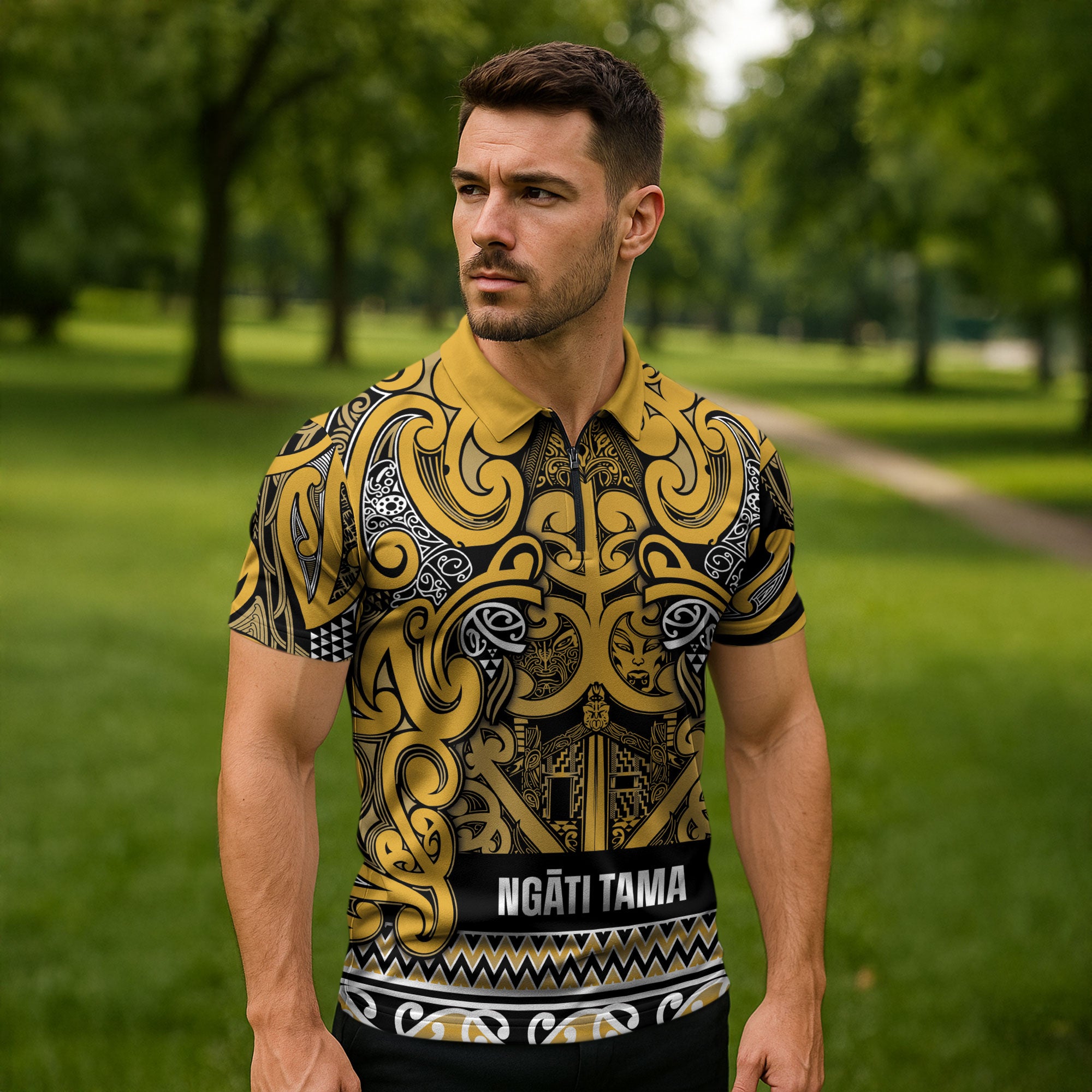 Aotearoa Iwi Ngāti Tama ki Te Waipounamu Trust Zipper Polo Shirt Maori Wharenui House Tribal Pattern