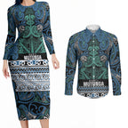Aotearoa Iwi Ngati Mutunga Couples Matching Long Sleeve Bodycon Dress and Long Sleeve Button Shirt Maori Wharenui House Tribal Pattern