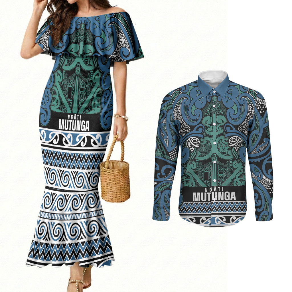 Aotearoa Iwi Ngati Mutunga Couples Matching Mermaid Dress and Long Sleeve Button Shirt Maori Wharenui House Tribal Pattern