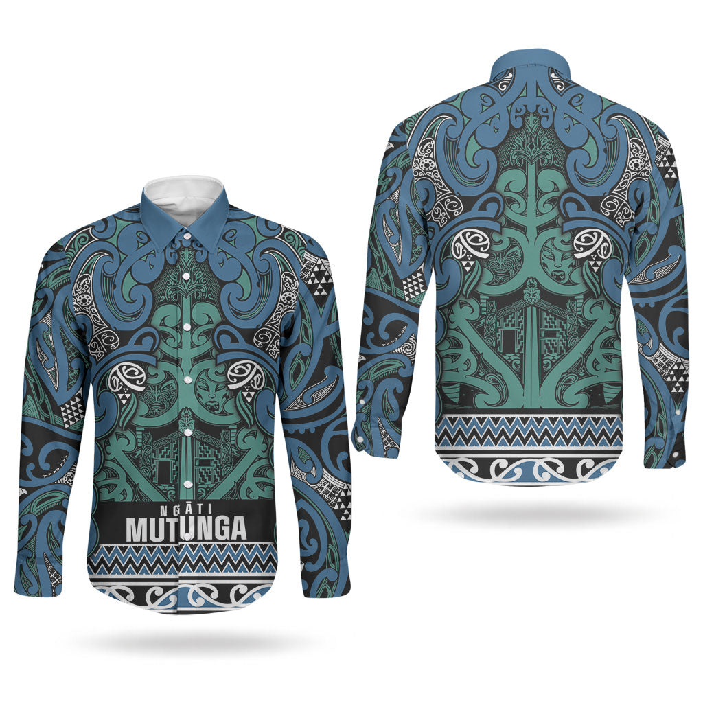 Aotearoa Iwi Ngati Mutunga Couples Matching Mermaid Dress and Long Sleeve Button Shirt Maori Wharenui House Tribal Pattern