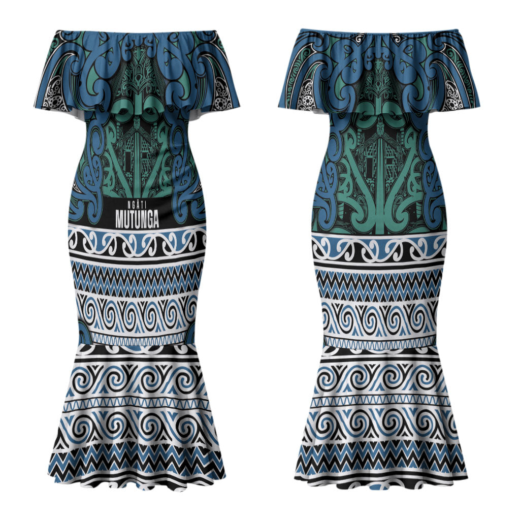 Aotearoa Iwi Ngati Mutunga Couples Matching Mermaid Dress and Long Sleeve Button Shirt Maori Wharenui House Tribal Pattern