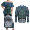 Aotearoa Iwi Ngati Mutunga Couples Matching Off Shoulder Maxi Dress and Long Sleeve Button Shirt Maori Wharenui House Tribal Pattern