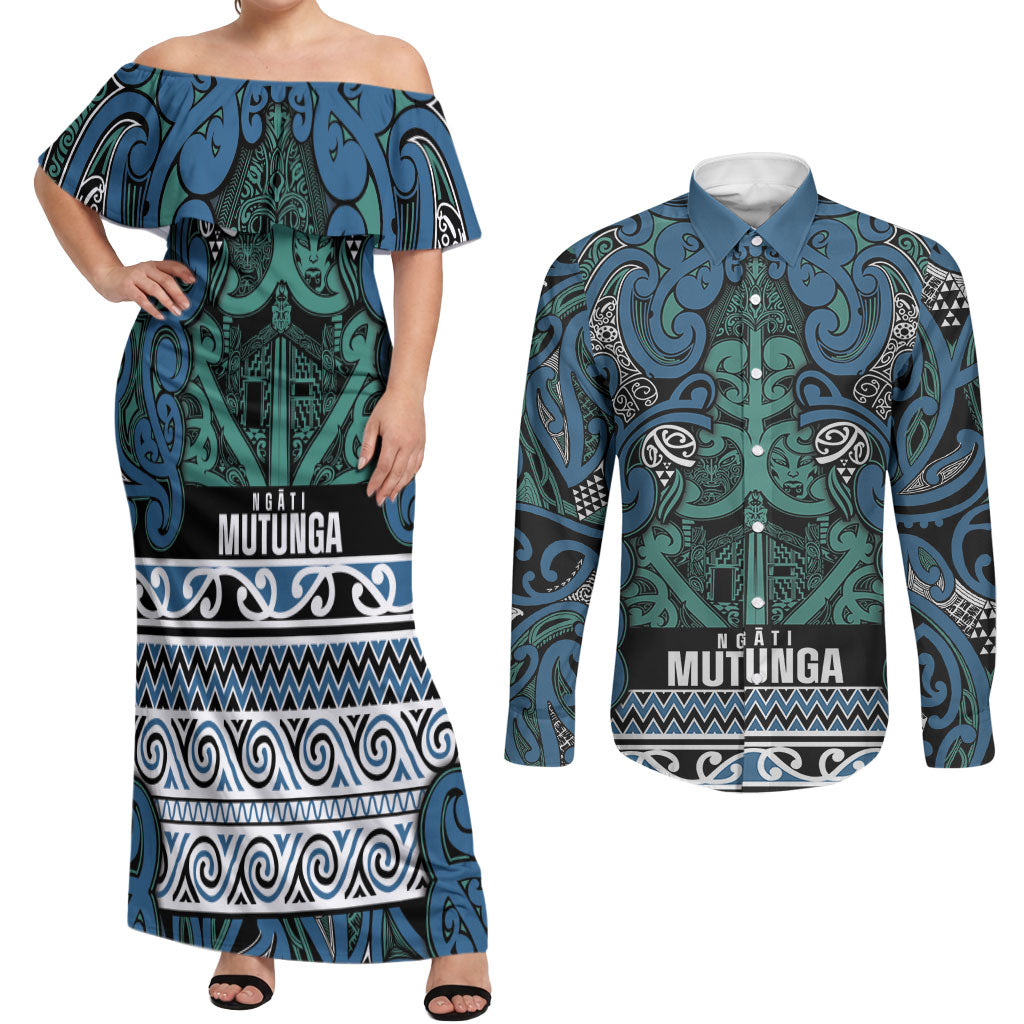 Aotearoa Iwi Ngati Mutunga Couples Matching Off Shoulder Maxi Dress and Long Sleeve Button Shirt Maori Wharenui House Tribal Pattern