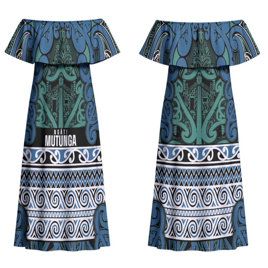 Aotearoa Iwi Ngati Mutunga Couples Matching Off Shoulder Maxi Dress and Long Sleeve Button Shirt Maori Wharenui House Tribal Pattern