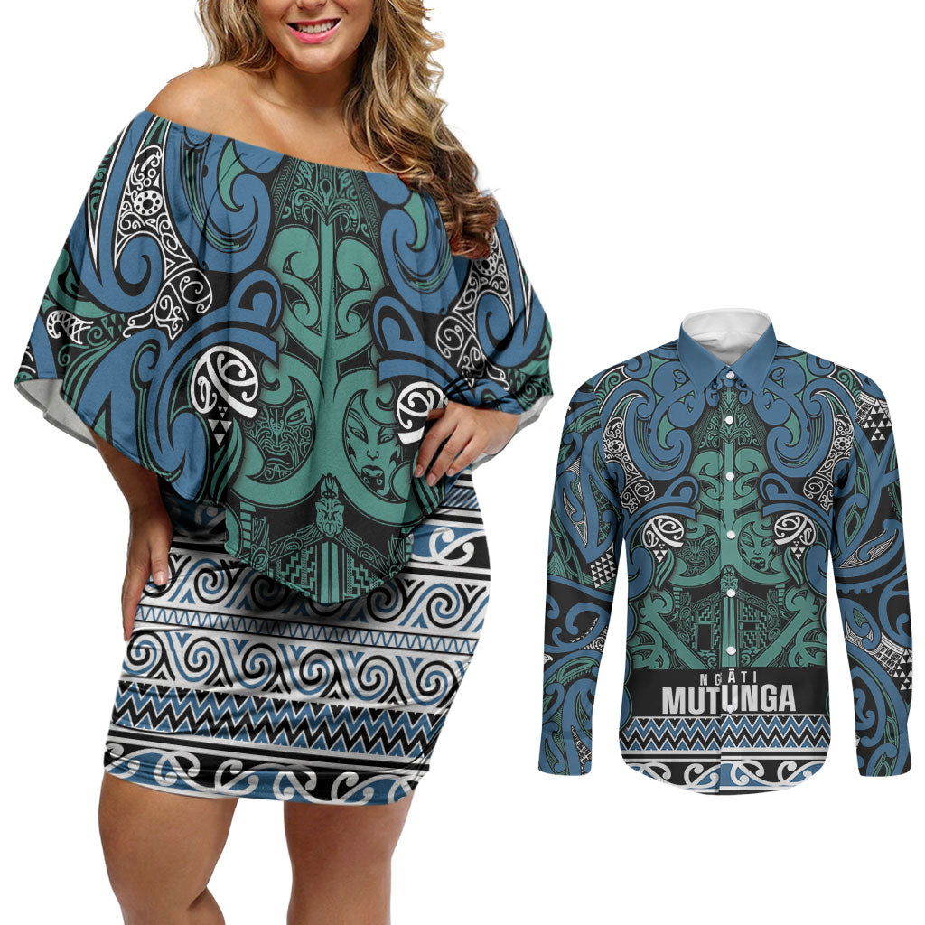 Aotearoa Iwi Ngati Mutunga Couples Matching Off Shoulder Short Dress and Long Sleeve Button Shirt Maori Wharenui House Tribal Pattern