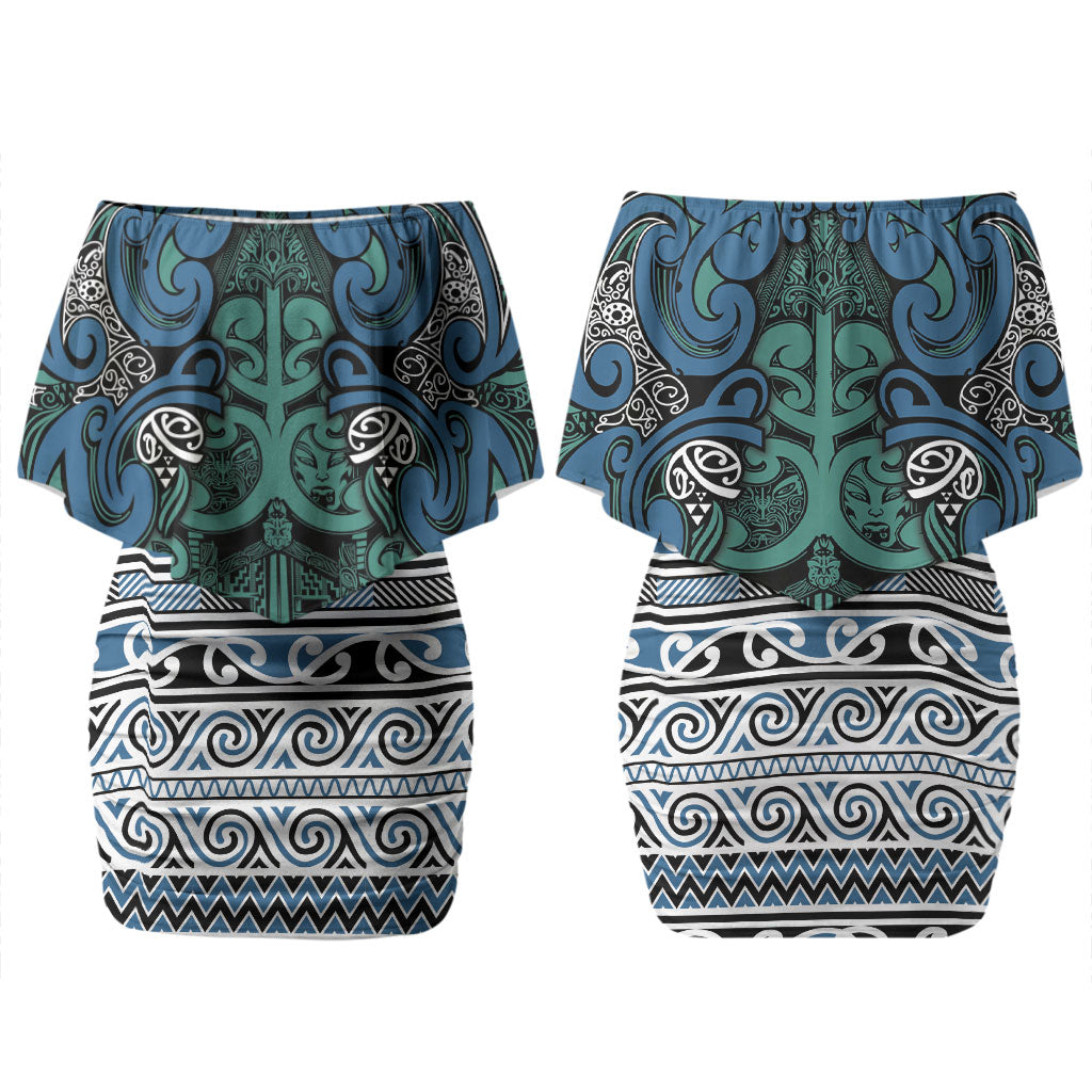 Aotearoa Iwi Ngati Mutunga Couples Matching Off Shoulder Short Dress and Long Sleeve Button Shirt Maori Wharenui House Tribal Pattern