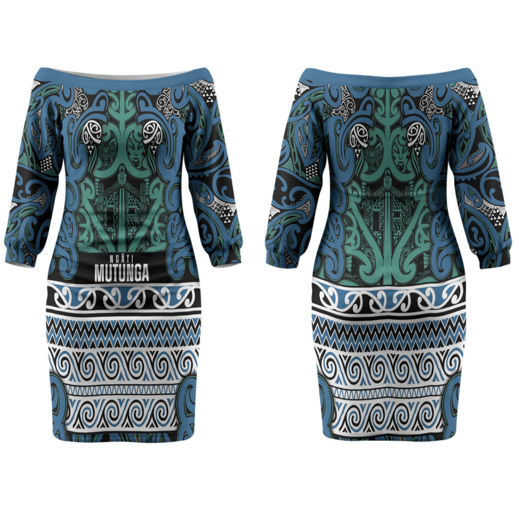 Aotearoa Iwi Ngati Mutunga Couples Matching Off The Shoulder Long Sleeve Dress and Hawaiian Shirt Maori Wharenui House Tribal Pattern