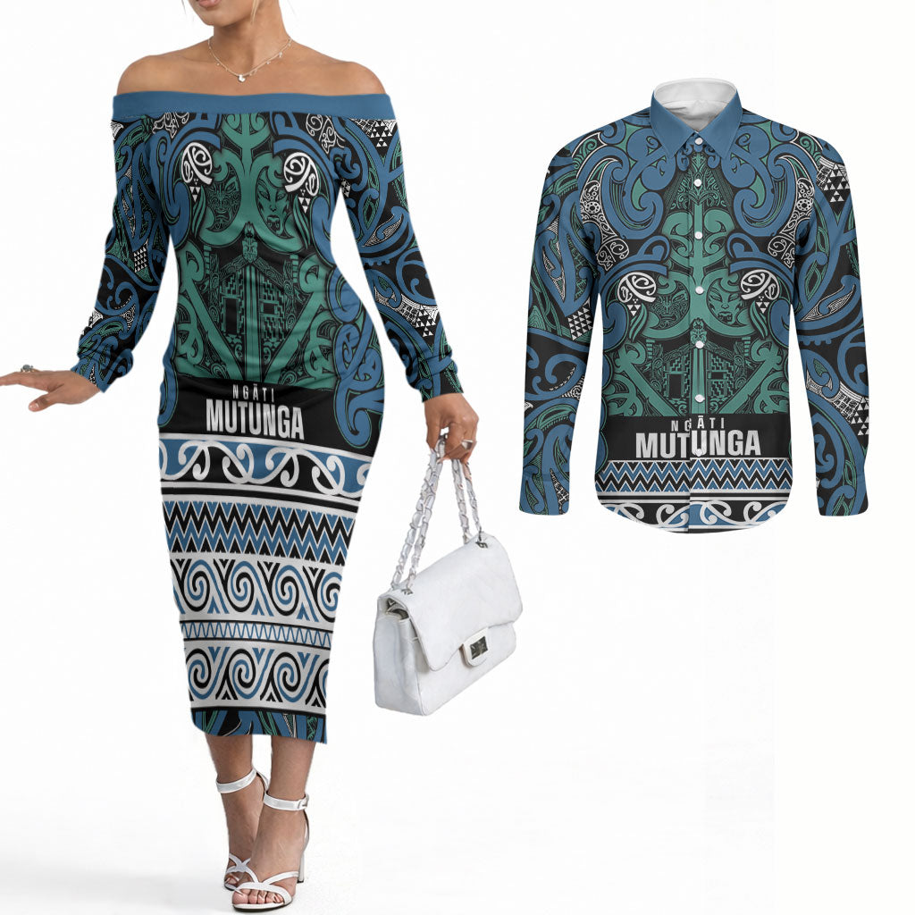 Aotearoa Iwi Ngati Mutunga Couples Matching Off The Shoulder Long Sleeve Dress and Long Sleeve Button Shirt Maori Wharenui House Tribal Pattern