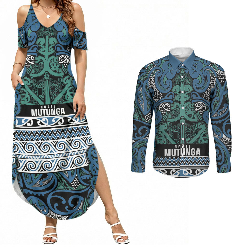 Aotearoa Iwi Ngati Mutunga Couples Matching Summer Maxi Dress and Long Sleeve Button Shirt Maori Wharenui House Tribal Pattern