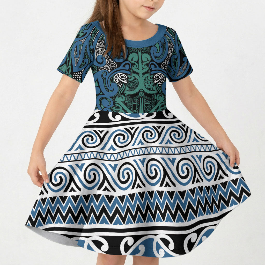 Aotearoa Iwi Ngati Mutunga Kid Short Sleeve Dress Maori Wharenui House Tribal Pattern