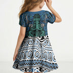 Aotearoa Iwi Ngati Mutunga Kid Short Sleeve Dress Maori Wharenui House Tribal Pattern