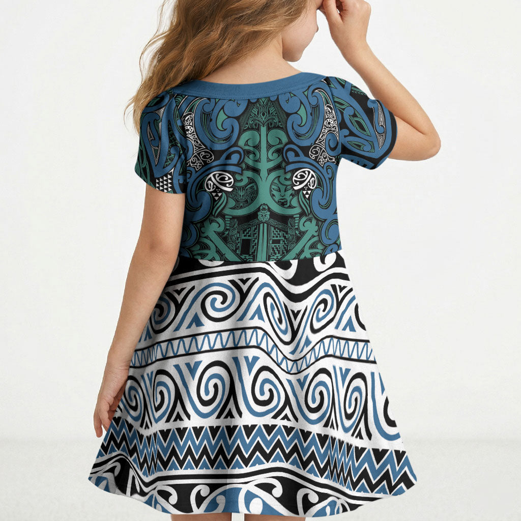 Aotearoa Iwi Ngati Mutunga Kid Short Sleeve Dress Maori Wharenui House Tribal Pattern