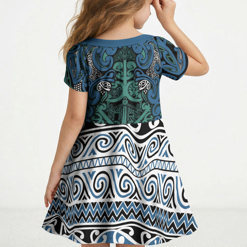 Aotearoa Iwi Ngati Mutunga Kid Short Sleeve Dress Maori Wharenui House Tribal Pattern