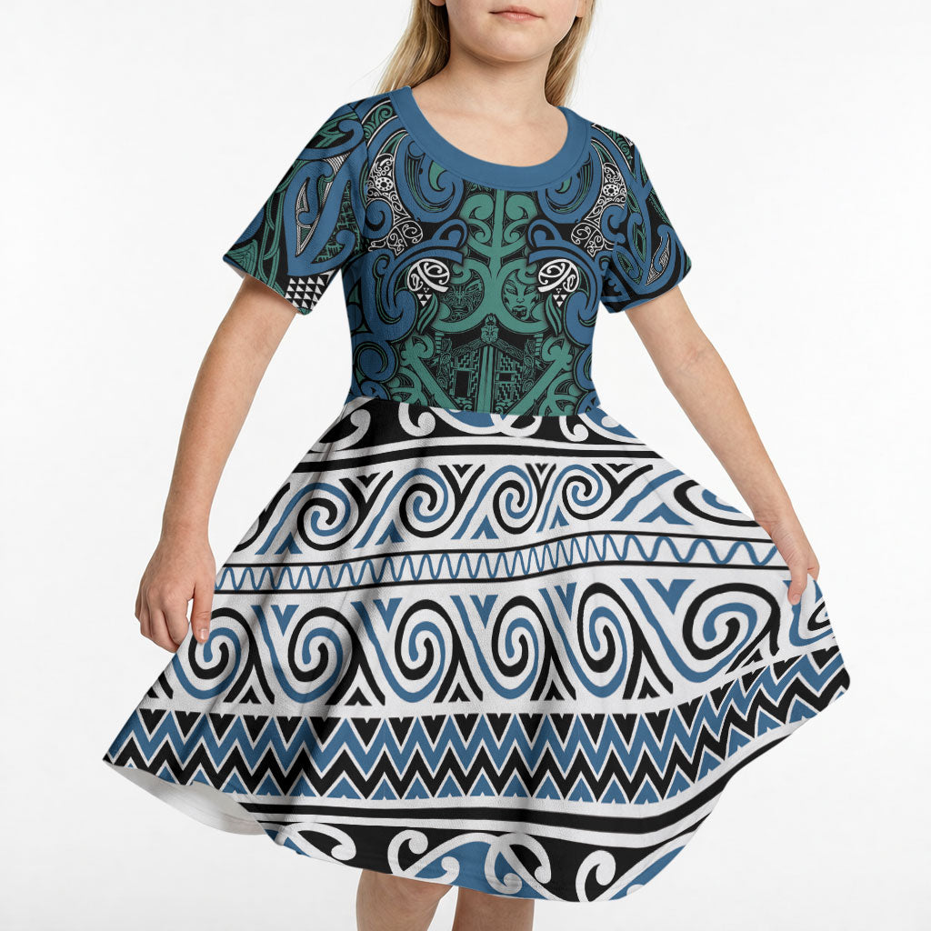 Aotearoa Iwi Ngati Mutunga Kid Short Sleeve Dress Maori Wharenui House Tribal Pattern
