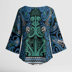 Aotearoa Iwi Ngati Mutunga Kimono Sleeve Blouse Maori Wharenui House Tribal Pattern