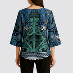 Aotearoa Iwi Ngati Mutunga Kimono Sleeve Blouse Maori Wharenui House Tribal Pattern