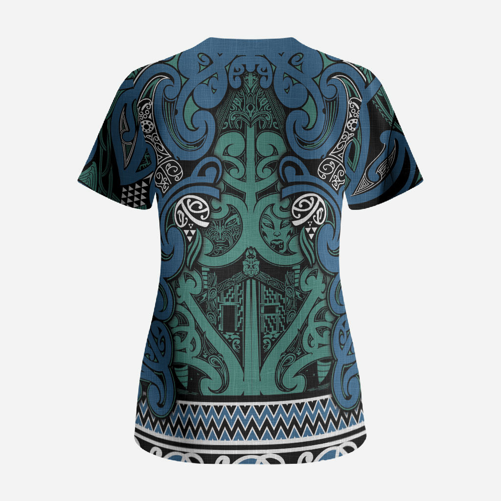 Aotearoa Iwi Ngati Mutunga Scrub Top Maori Wharenui House Tribal Pattern