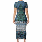 Aotearoa Iwi Ngati Mutunga Short Sleeve Bodycon Dress Maori Wharenui House Tribal Pattern