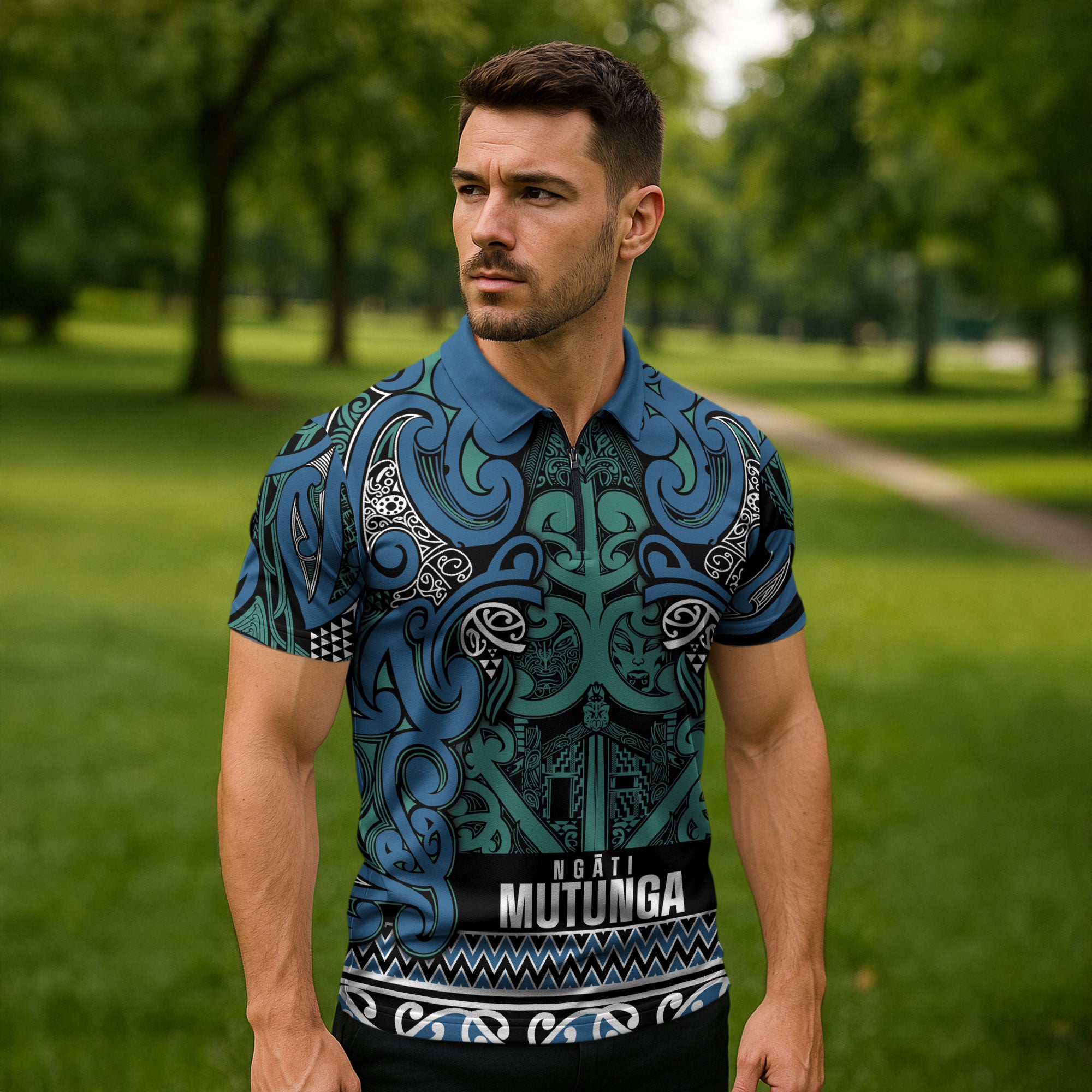 Aotearoa Iwi Ngati Mutunga Zipper Polo Shirt Maori Wharenui House Tribal Pattern