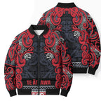 Aotearoa Iwi Te ati Awa Bomber Puffer Jacket Maori Wharenui House Tribal Pattern