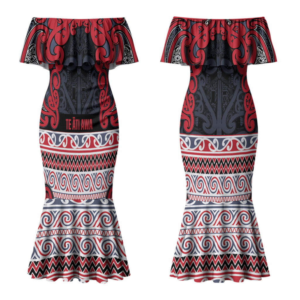 Aotearoa Iwi Te ati Awa Couples Matching Mermaid Dress and Long Sleeve Button Shirt Maori Wharenui House Tribal Pattern