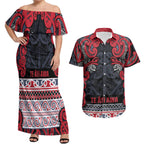 Aotearoa Iwi Te ati Awa Couples Matching Off Shoulder Maxi Dress and Hawaiian Shirt Maori Wharenui House Tribal Pattern
