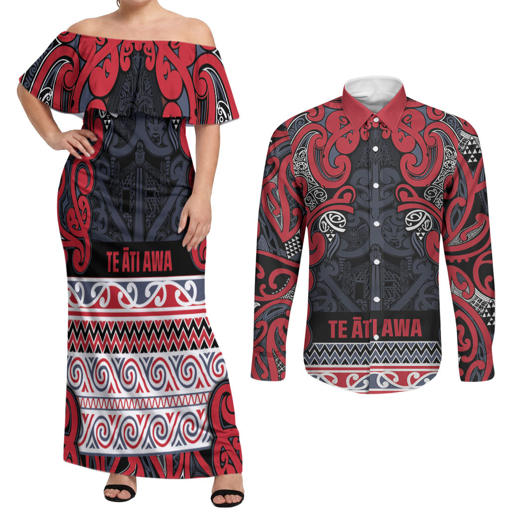 Aotearoa Iwi Te ati Awa Couples Matching Off Shoulder Maxi Dress and Long Sleeve Button Shirt Maori Wharenui House Tribal Pattern