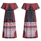 Aotearoa Iwi Te ati Awa Couples Matching Off Shoulder Maxi Dress and Long Sleeve Button Shirt Maori Wharenui House Tribal Pattern