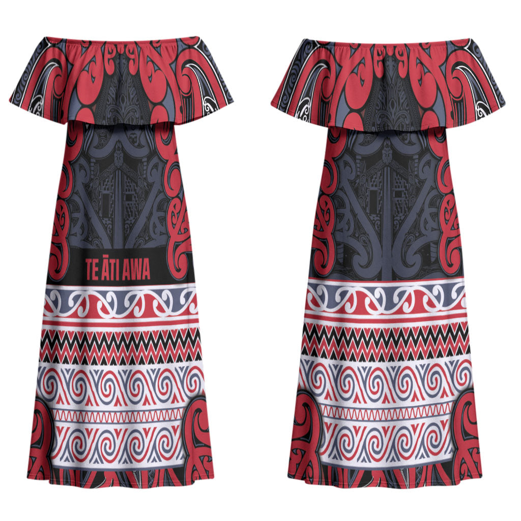 Aotearoa Iwi Te ati Awa Couples Matching Off Shoulder Maxi Dress and Long Sleeve Button Shirt Maori Wharenui House Tribal Pattern
