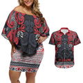 Aotearoa Iwi Te ati Awa Couples Matching Off Shoulder Short Dress and Hawaiian Shirt Maori Wharenui House Tribal Pattern