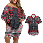 Aotearoa Iwi Te ati Awa Couples Matching Off Shoulder Short Dress and Hawaiian Shirt Maori Wharenui House Tribal Pattern