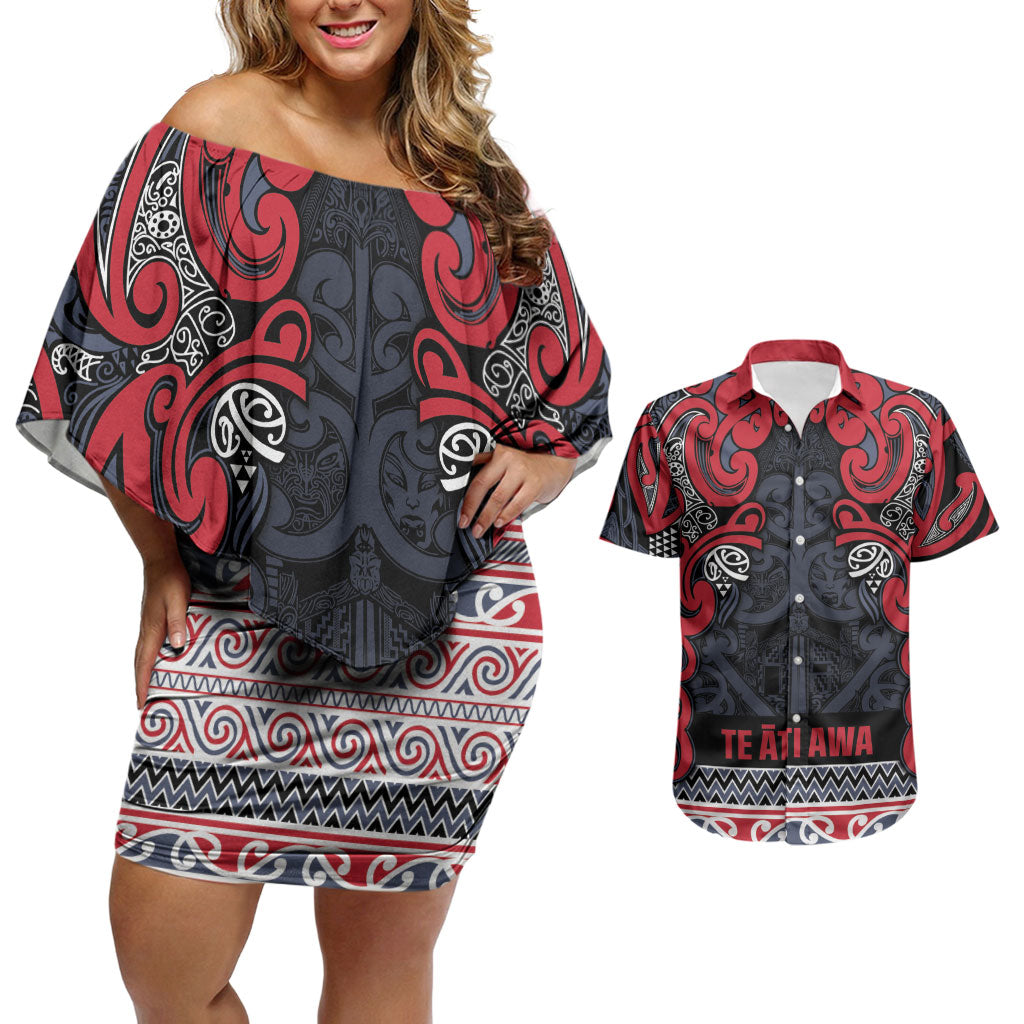 Aotearoa Iwi Te ati Awa Couples Matching Off Shoulder Short Dress and Hawaiian Shirt Maori Wharenui House Tribal Pattern