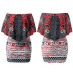 Aotearoa Iwi Te ati Awa Couples Matching Off Shoulder Short Dress and Hawaiian Shirt Maori Wharenui House Tribal Pattern