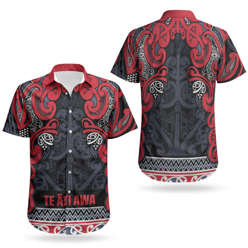 Aotearoa Iwi Te ati Awa Couples Matching Off Shoulder Short Dress and Hawaiian Shirt Maori Wharenui House Tribal Pattern