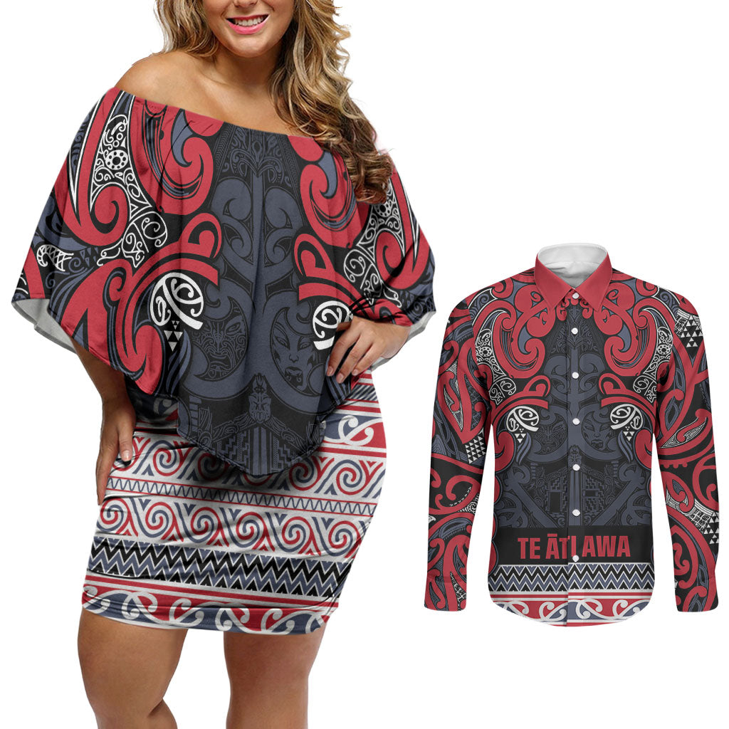 Aotearoa Iwi Te ati Awa Couples Matching Off Shoulder Short Dress and Long Sleeve Button Shirt Maori Wharenui House Tribal Pattern