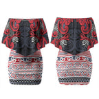 Aotearoa Iwi Te ati Awa Couples Matching Off Shoulder Short Dress and Long Sleeve Button Shirt Maori Wharenui House Tribal Pattern
