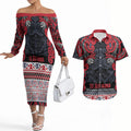 Aotearoa Iwi Te ati Awa Couples Matching Off The Shoulder Long Sleeve Dress and Hawaiian Shirt Maori Wharenui House Tribal Pattern