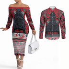 Aotearoa Iwi Te ati Awa Couples Matching Off The Shoulder Long Sleeve Dress and Long Sleeve Button Shirt Maori Wharenui House Tribal Pattern