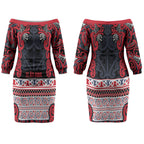 Aotearoa Iwi Te ati Awa Couples Matching Off The Shoulder Long Sleeve Dress and Long Sleeve Button Shirt Maori Wharenui House Tribal Pattern