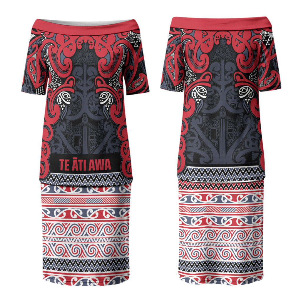 Aotearoa Iwi Te ati Awa Couples Matching Puletasi and Long Sleeve Button Shirt Maori Wharenui House Tribal Pattern