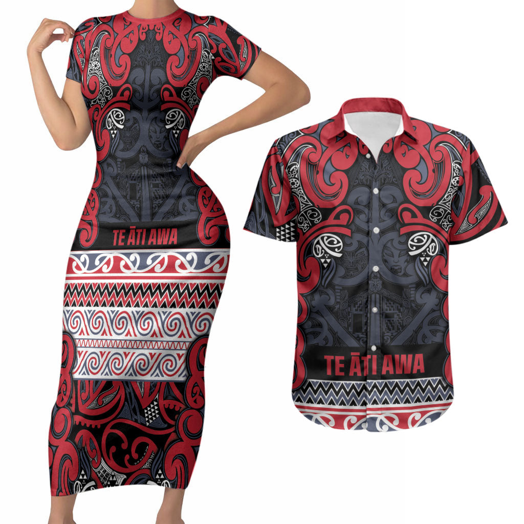 Aotearoa Iwi Te ati Awa Couples Matching Short Sleeve Bodycon Dress and Hawaiian Shirt Maori Wharenui House Tribal Pattern